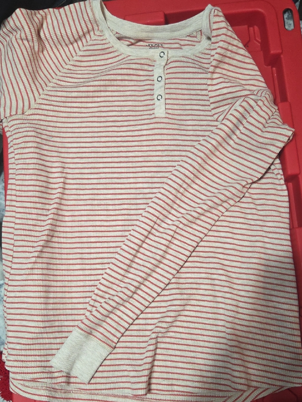 Jockey Women's Long Sleeve Henley - Cream & Red Stripes